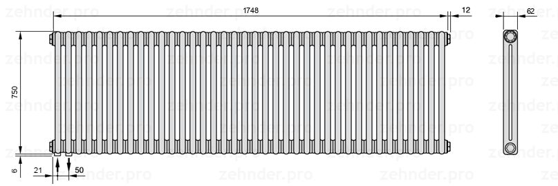 Схема (чертеж) Радиатор Zehnder Charleston 2075/38 №3370 Белый глянцевый RAL 9016